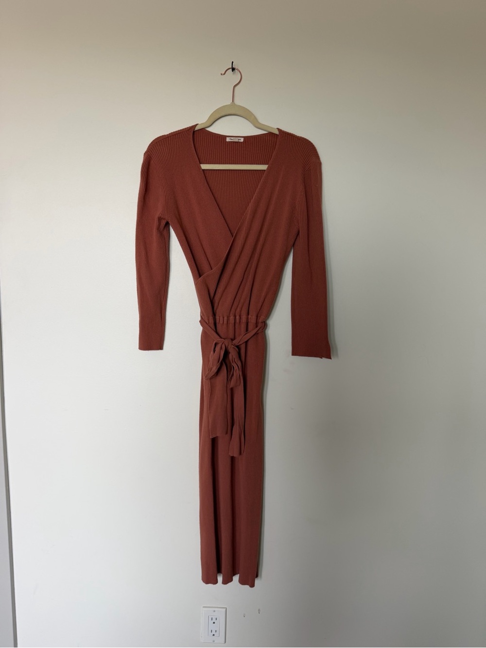 Ribbed Wrap Sweater Midi Dress in Rust - Women